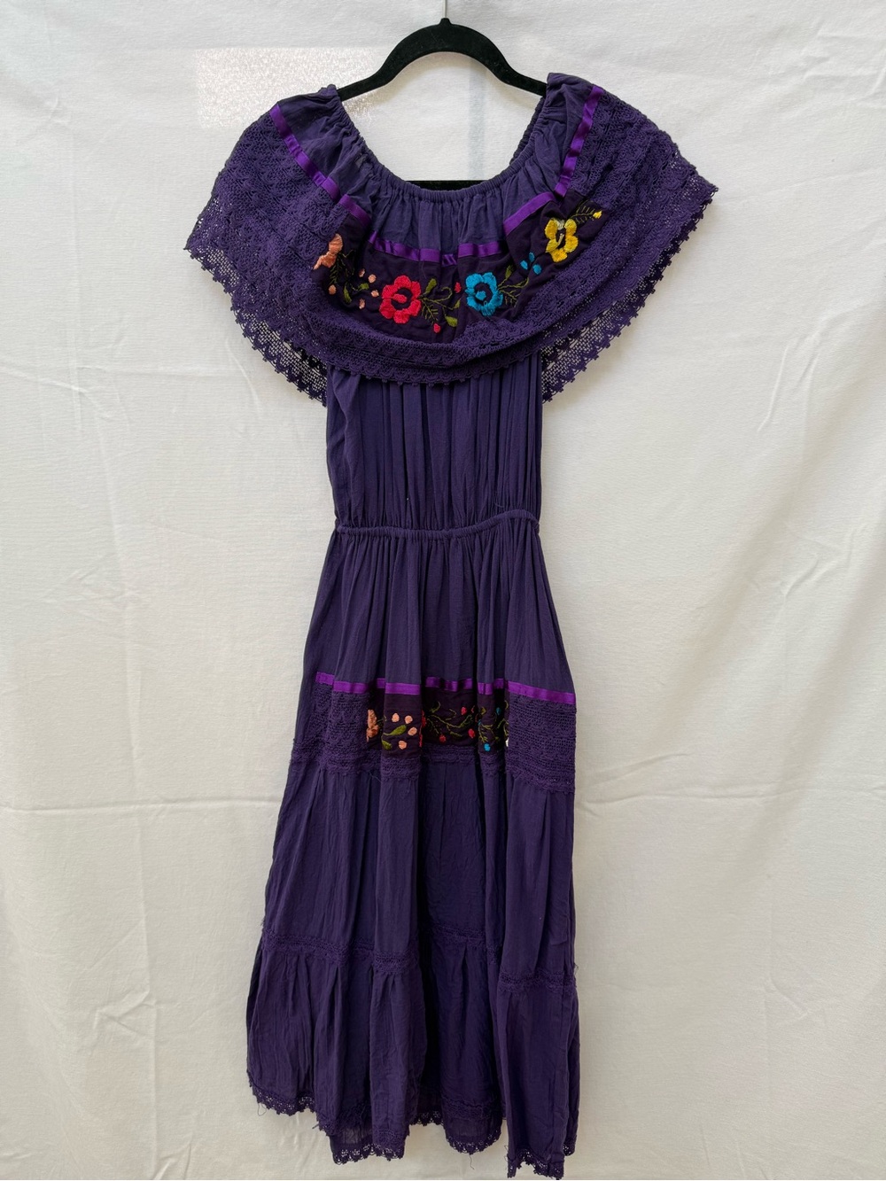Purple Embroidered Off-Shoulder Maxi Dress